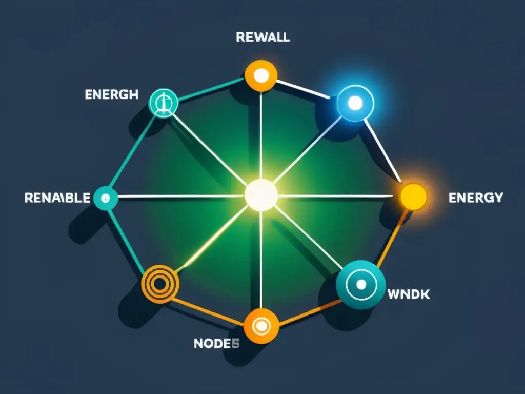 Red de transacciones energéticas peer-to-peer con tecnología blockchain, conectando fuentes renovables con consumidores