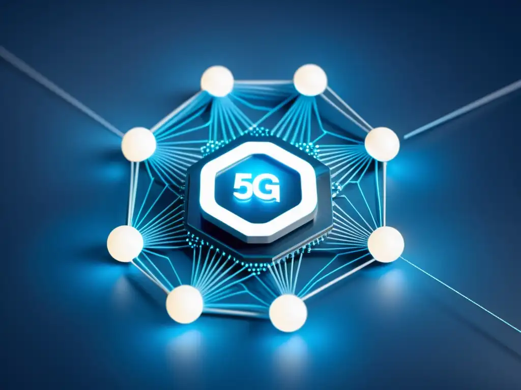 Una red virtualizada en 5G con nodos interconectados en un patrón geométrico, emitiendo un suave resplandor azul