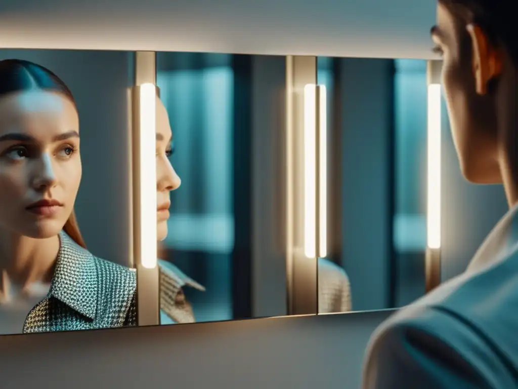 Reflejo digital: impacto de la tecnología deepfake en la identidad Reflejo en el espejo muestra riesgos de deepfakes en tecnología, creando incertidumbre entre realidad y engaño