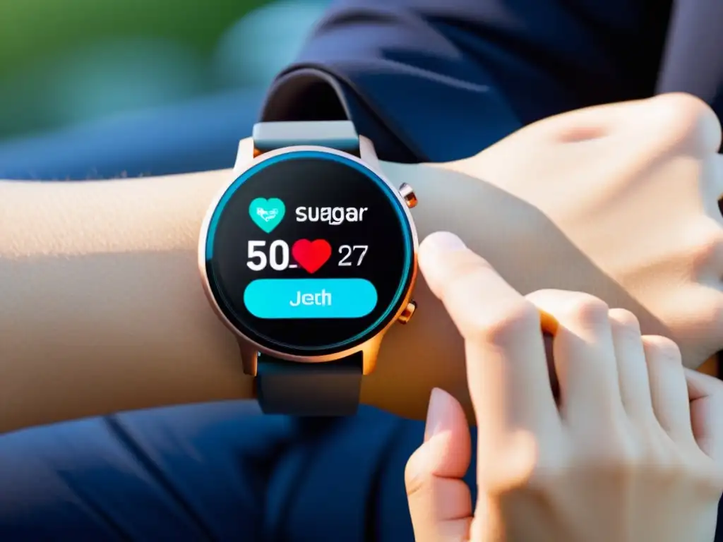 Smartwatch con pantalla de alta resolución para monitoreo de diabetes Un reloj inteligente minimalista muestra niveles de azúcar en sangre en tiempo real, ritmo cardíaco y seguimiento de la actividad