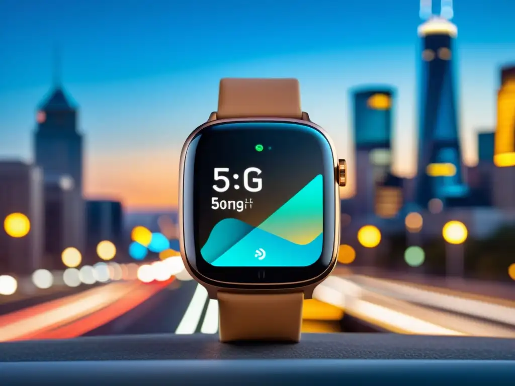 Un reloj inteligente minimalista con pantalla translúcida y gráficos futuristas, integrado perfectamente con la tecnología 5G