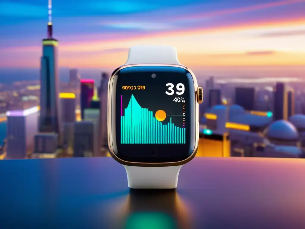 Un reloj inteligente moderno muestra un vibrante panel de control de marketing en tiempo real, junto a un skyline urbano futurista