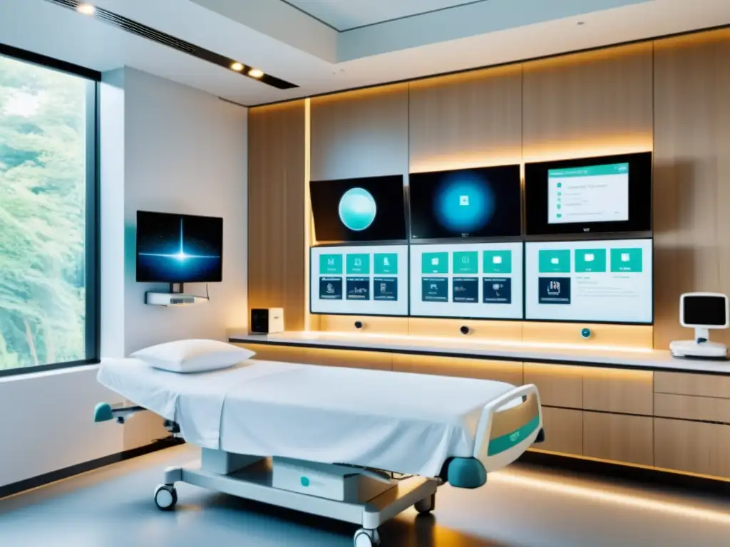 Avanzada telemedicina en hospital moderno Monitorización remota de pacientes con IA: Sala hospitalaria moderna con equipos de telemedicina avanzados y ambiente sereno iluminado por luz natural