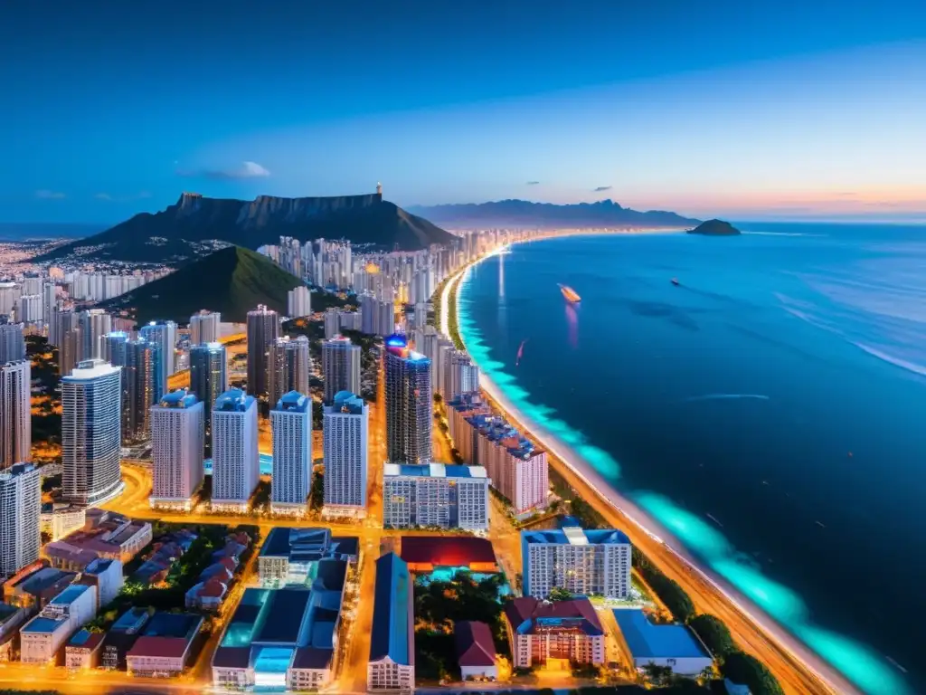 El resplandor de las luces de emergencia forma un mosaico vibrante en la ciudad de noche, contrastando con la calma del mar y las torres 5G