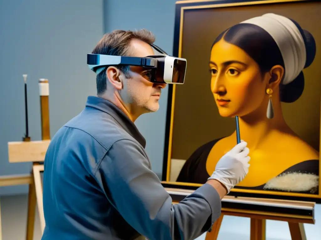 Un restaurador usando gafas de realidad aumentada para restaurar una pintura antigua