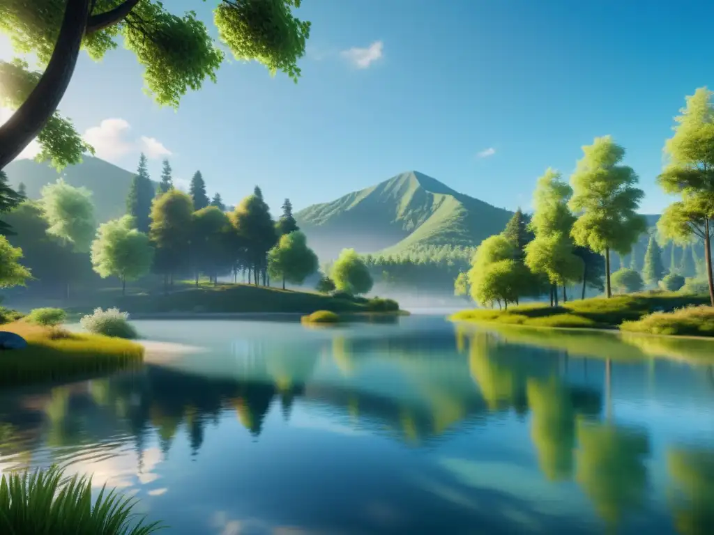 Retiros espirituales en realidad virtual: escena serena y minimalista con un tranquilo lago, exuberante naturaleza y cielo azul