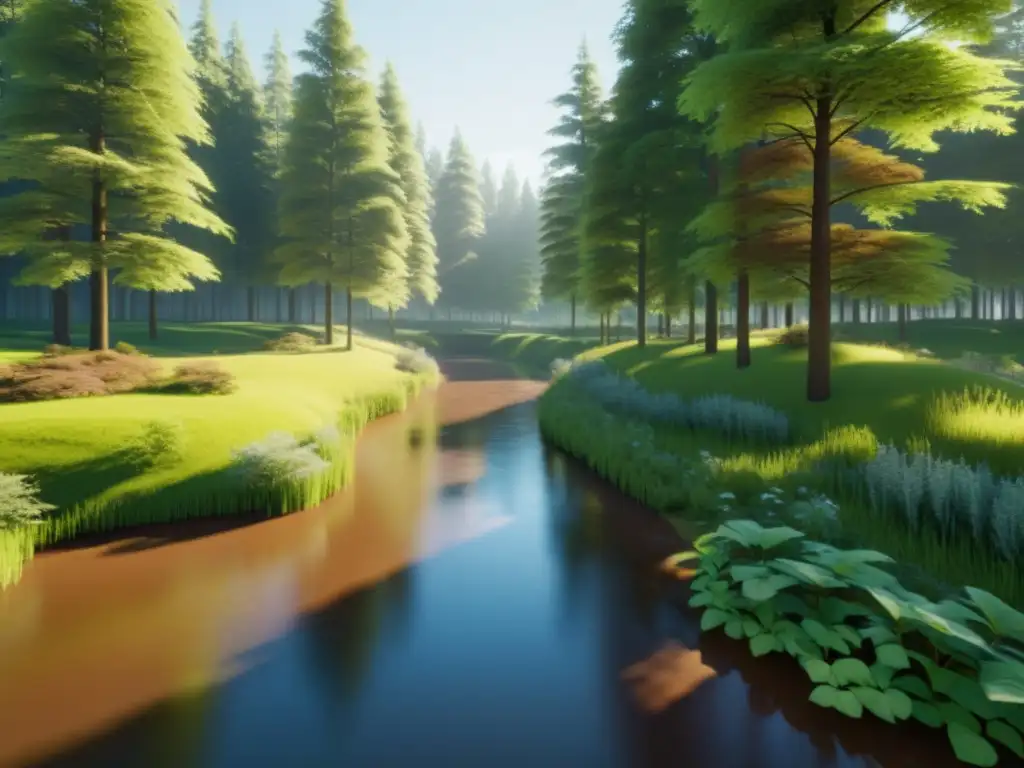 Retiros espirituales en realidad virtual: bosque sereno con luz suave y arroyo tranquilo