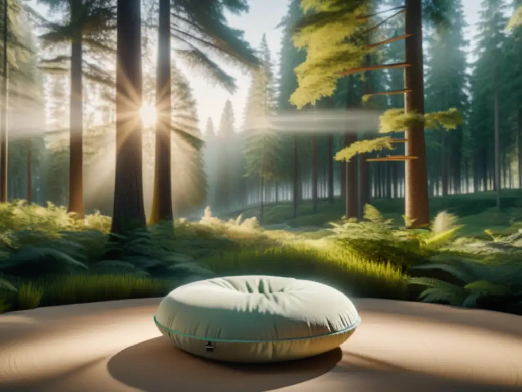 Retiros espirituales en realidad virtual: Escena de bosque tranquilo con luz suave entre los árboles, invitando a la relajación y meditación