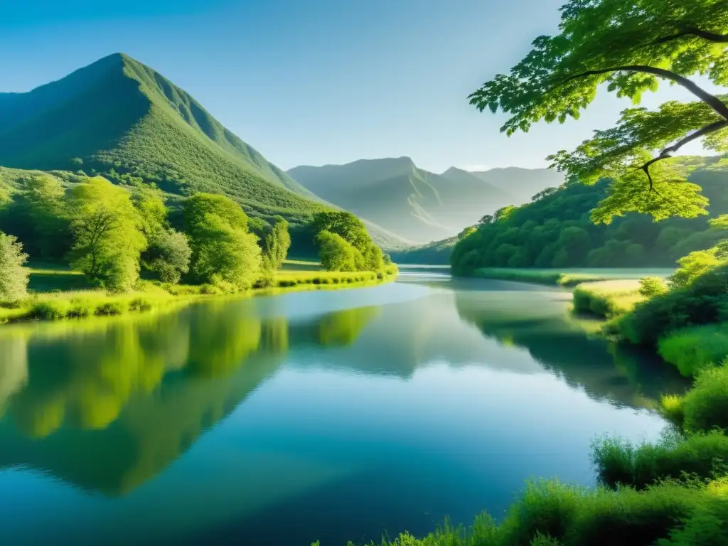 Un río expansivo sereno se encuentra en un paisaje exuberante y verde, reflejando montañas lejanas