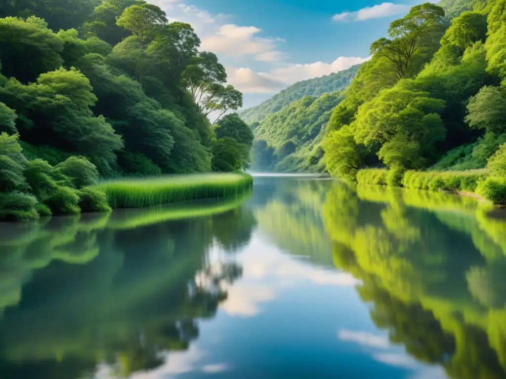 Un río serpenteante fluye entre exuberante vegetación, reflejando el cielo y el paisaje circundante