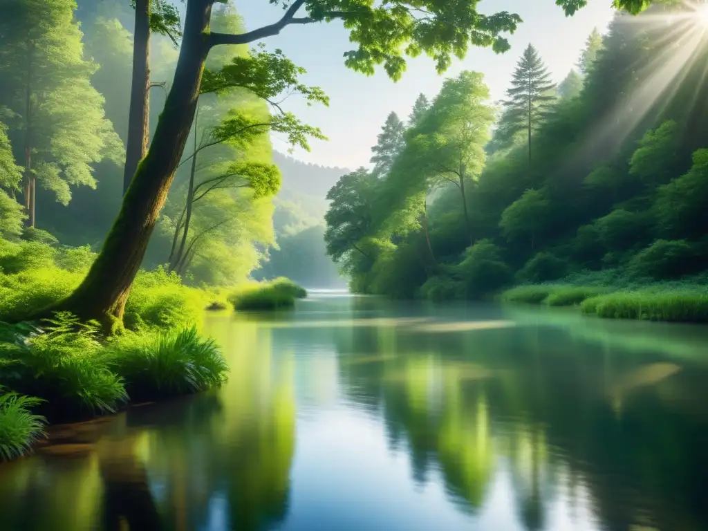 Un río tranquilo fluye entre un bosque frondoso, con la luz del sol filtrándose entre los árboles y reflejándose suavemente en el agua