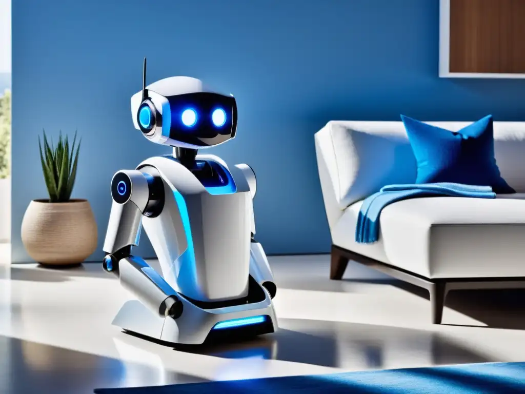 Un robot asistente personal en un elegante y moderno salón, con acabado blanco brillante y detalles azules, aporta sofisticación futurista al ambiente