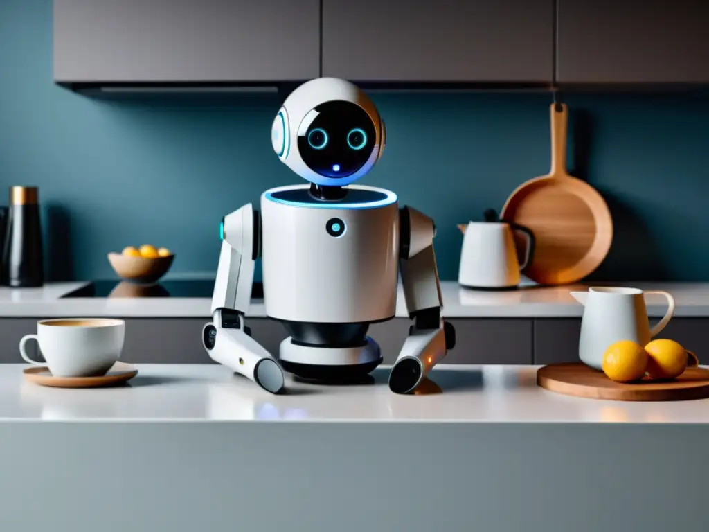 Un robot asistente personal del hogar en una cocina moderna, mostrando un diseño futurista y sofisticado