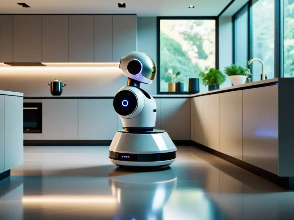 Un robot asistente personal hogareño futurista, elegante y sofisticado, integrándose perfectamente en un ambiente moderno