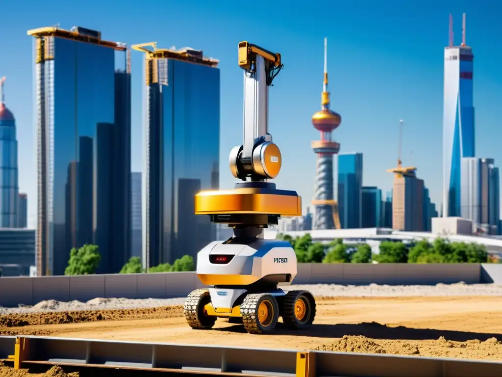 Un robot autónomo en la construcción levanta materiales pesados con facilidad en un sitio de construcción moderno y bullicioso, mostrando la armoniosa coexistencia de la tecnología y los métodos tradicionales