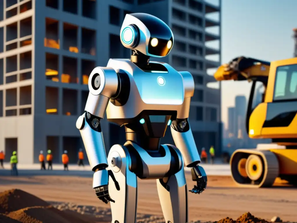 Un robot autónomo en un proyecto de construcción, manejando la obra con eficiencia y precisión, mientras trabajadores observan su progreso