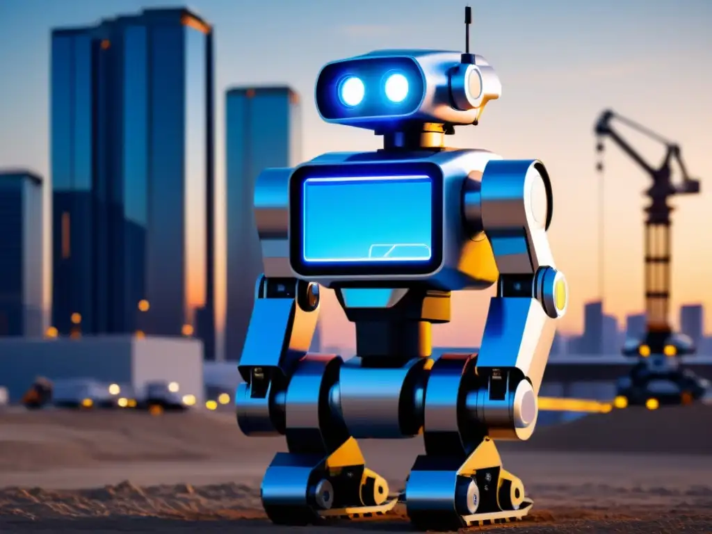 Un robot autónomo en un sitio de construcción futurista, rodeado de edificios imponentes y maquinaria avanzada