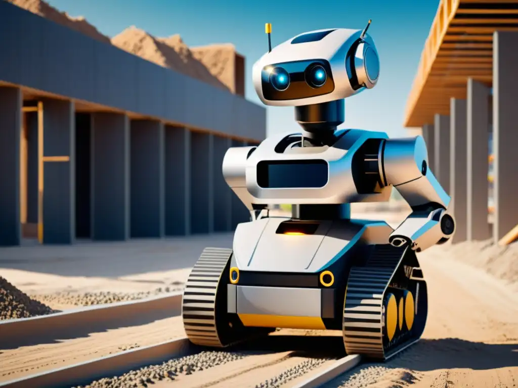 Un robot autónomo en un sitio de construcción, levantando materiales con precisión y eficiencia