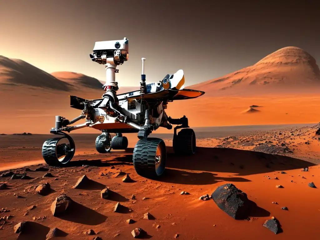 El robot de búsqueda de vida en Marte, Curiosity, explora la desolada superficie marciana, mostrando su avanzada tecnología