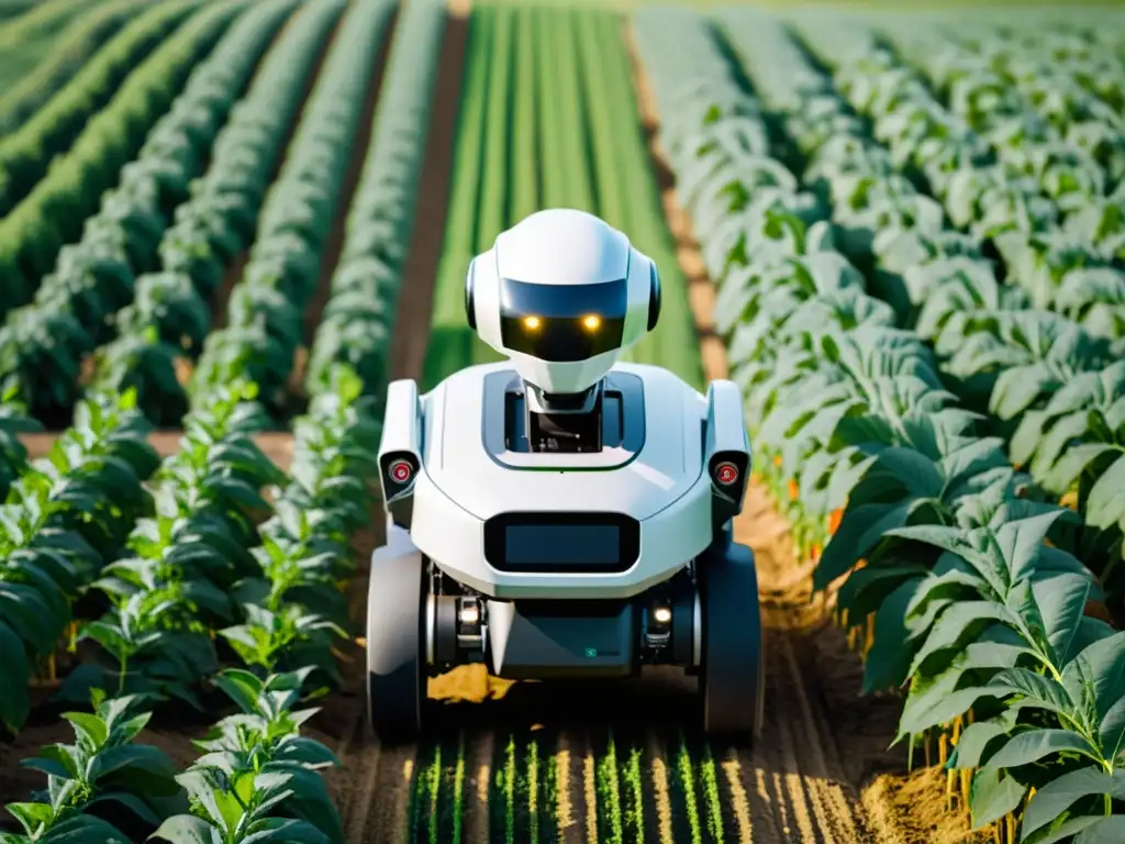 Robot de agricultura de precisión en campo verde exuberante, con sensores avanzados