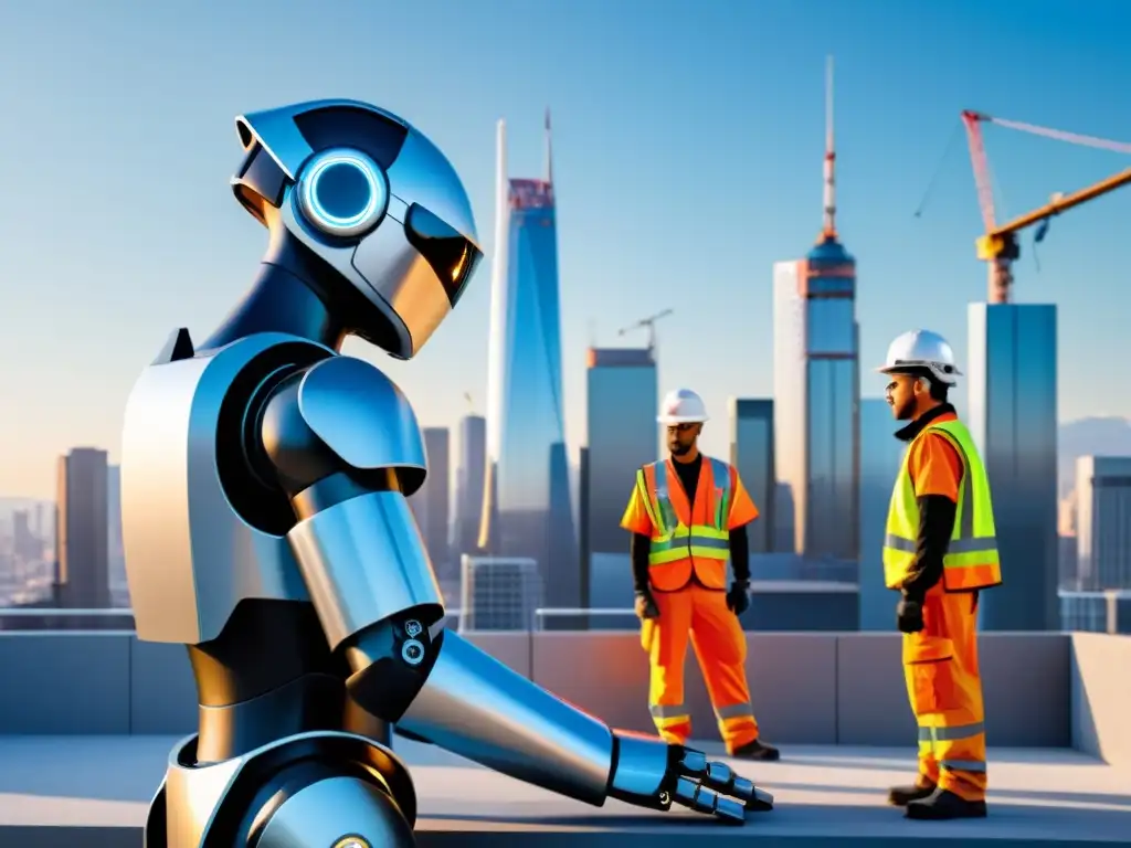 Un robot de construcción futurista trabaja junto a obreros humanos en un sitio de construcción