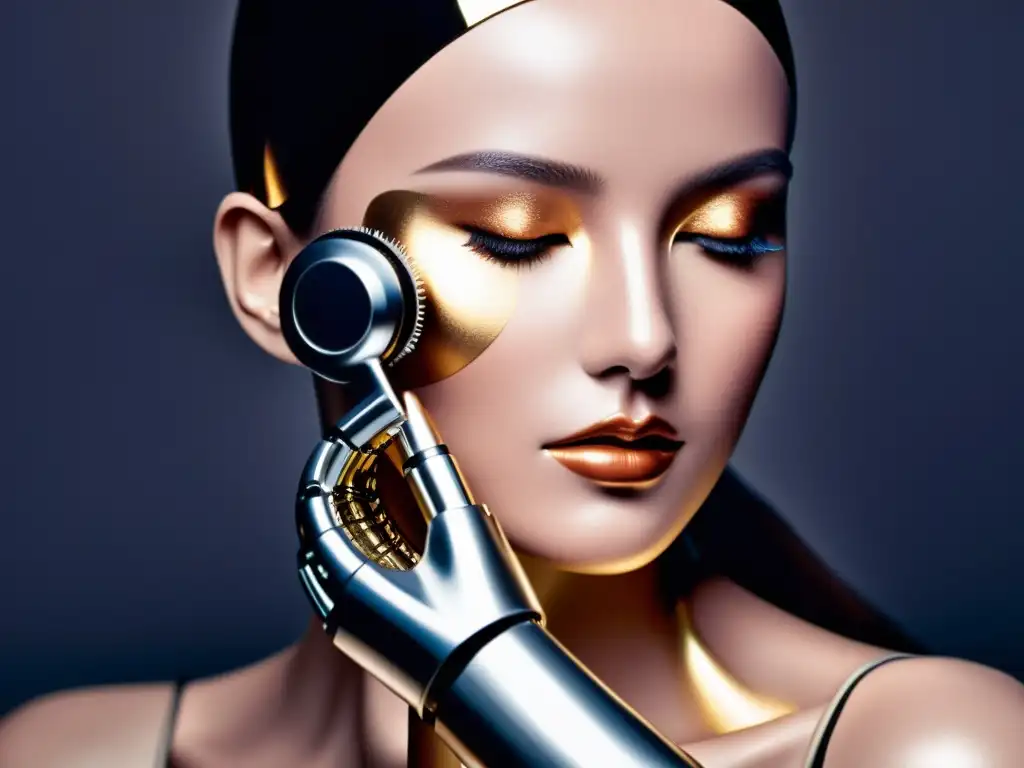 Un robot cosmético aplica maquillaje con precisión a un maniquí, fusionando tecnología y belleza