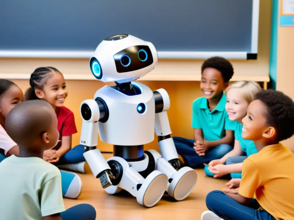 Un robot con diseño amigable lidera actividad cooperativa para el desarrollo de habilidades sociales con niños diversos en un aula moderna y luminosa