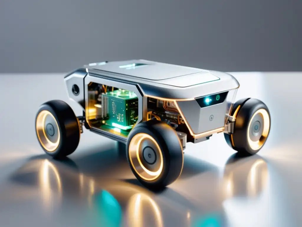 Robot educativo de diseño avanzado en superficie blanca iluminada, transmite innovación en robótica educativa impacto enseñanza moderna