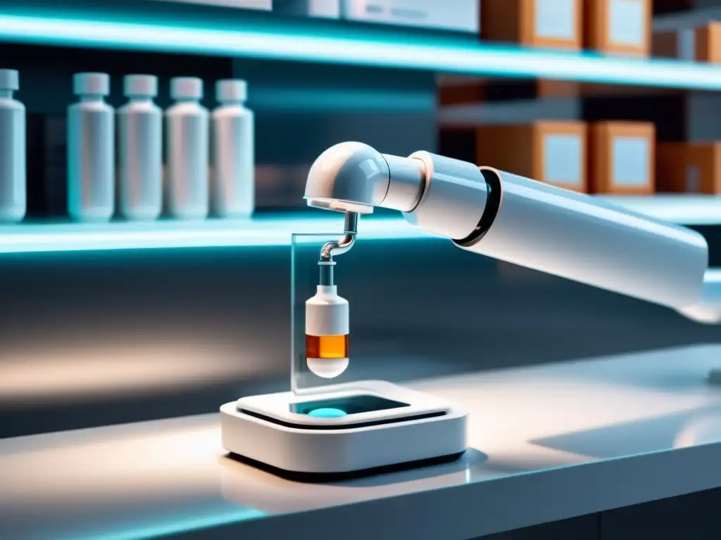 Robot farmacéutico dispensa medicamentos en entorno futurista y limpio