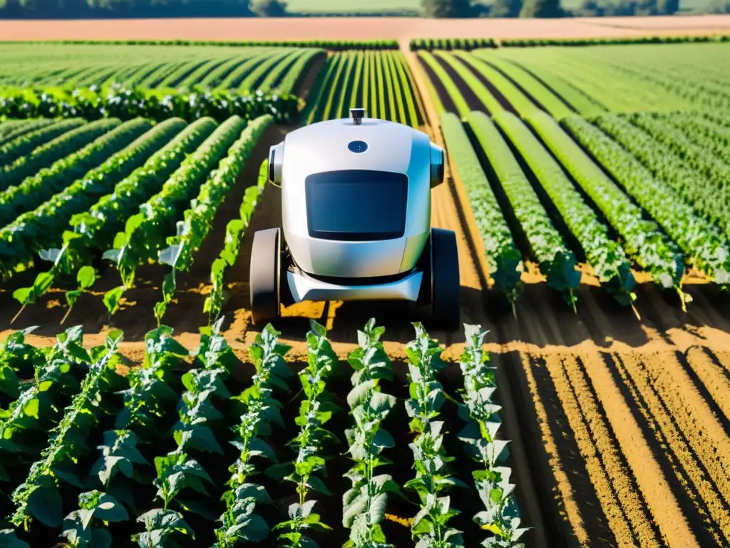 Un robot de agricultura de precisión recorre filas de cultivos en un campo soleado