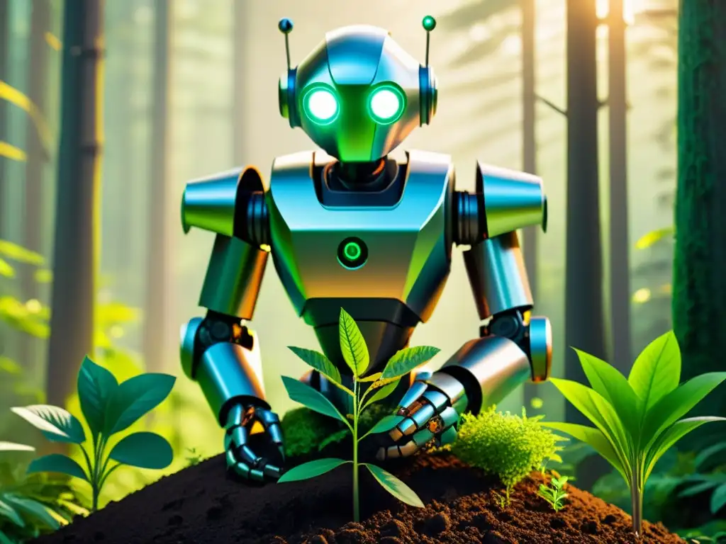 Un robot futurista planta un árbol en un exuberante bosque, ilustrando la innovación y la armonía entre tecnología y naturaleza