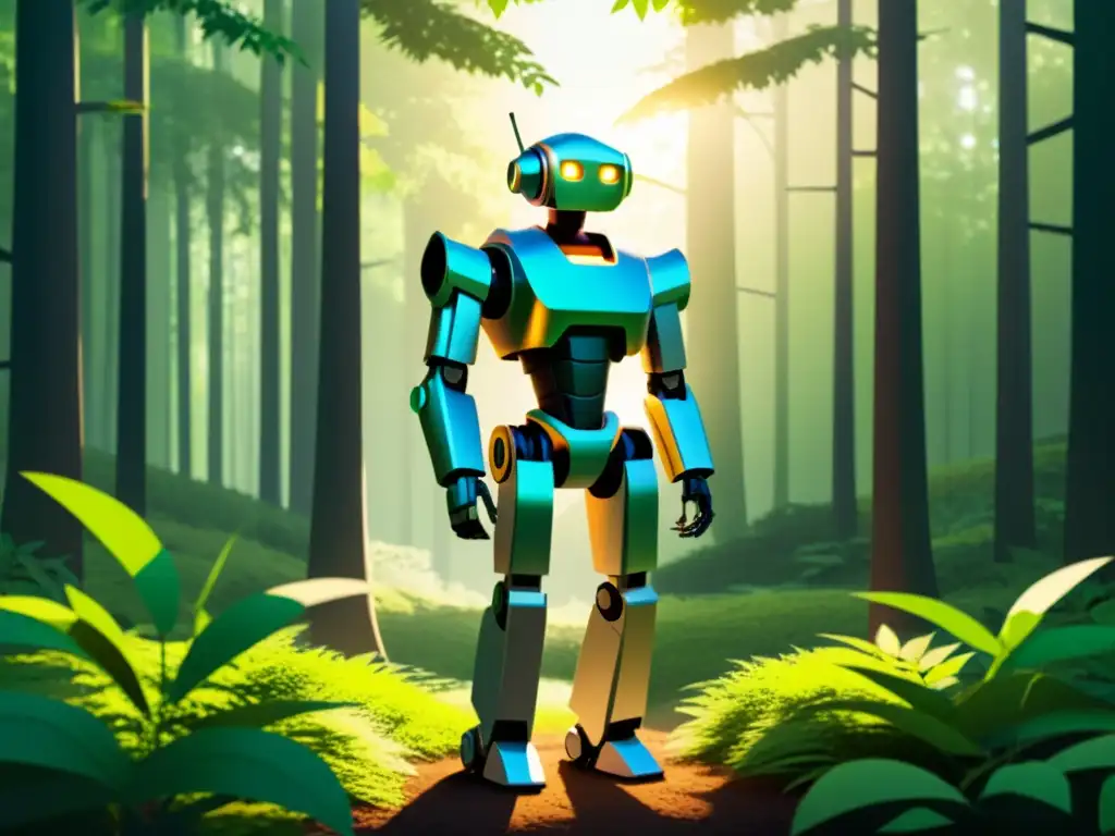 Un robot futurista se integra armoniosamente en un bosque exuberante, evocando coexistencia entre tecnología y naturaleza