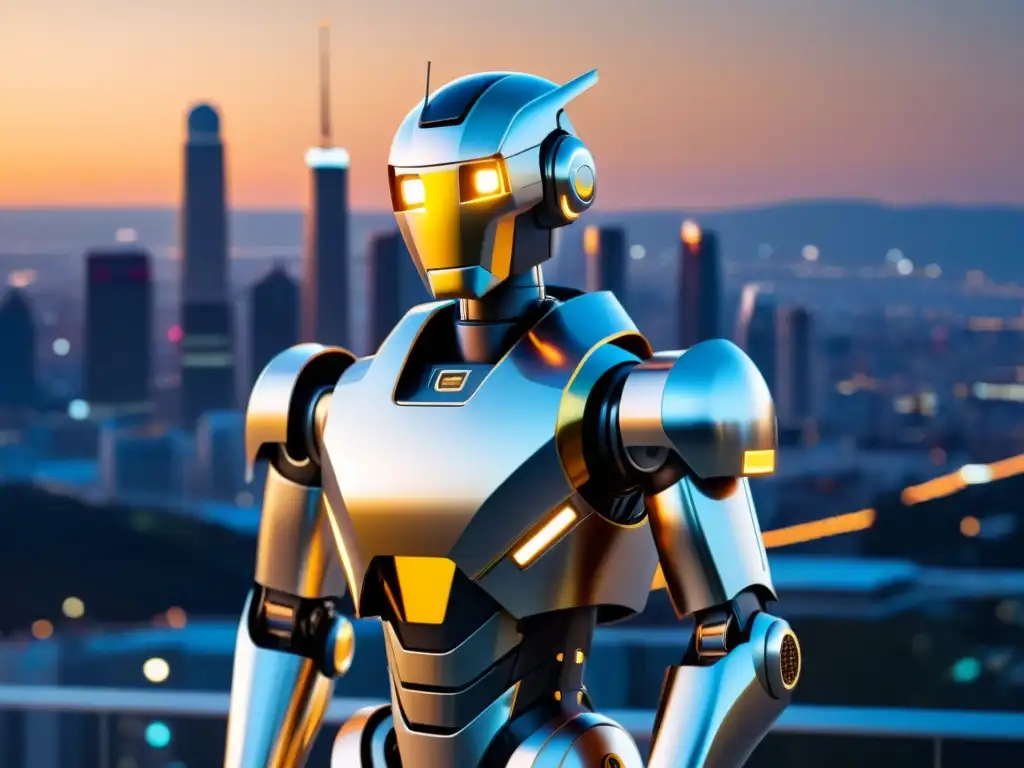 Un robot futurista y elegante destaca frente al atardecer de una ciudad, evocando innovación y la Ética en programación de robótica