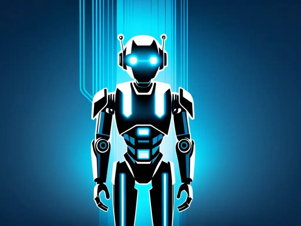 Robot futurista vigilante en el ciberespacio Un robot futurista y elegante observa con poder entre cámaras de vigilancia y flujos de datos