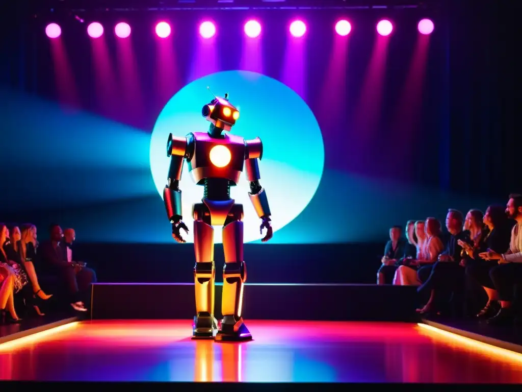 Un robot futurista en el escenario, iluminado por luces vibrantes, cautiva a su audiencia en un emocionante espectáculo