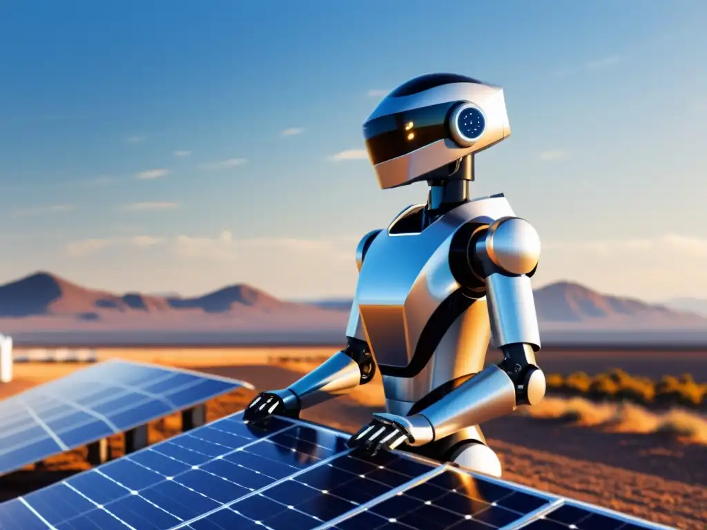 Un robot futurista se carga en una estación solar, reflejando innovación y sostenibilidad