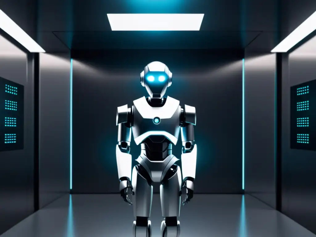 Vigilancia ética: robot futurista en sala de datos Un robot futurista en una habitación de vigilancia, con ojos brillantes y reflejos de pantallas de datos