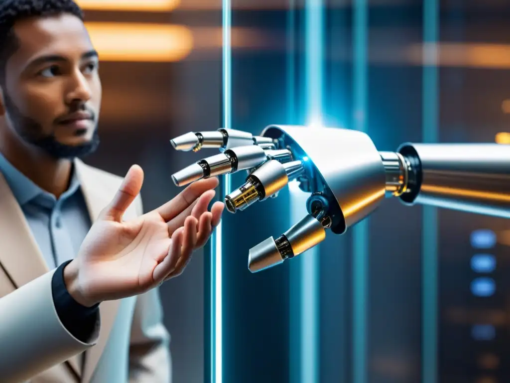 Robot futurista colaborando con trabajador en ambiente moderno Un robot futurista colabora amigablemente con un trabajador humano en un entorno laboral moderno