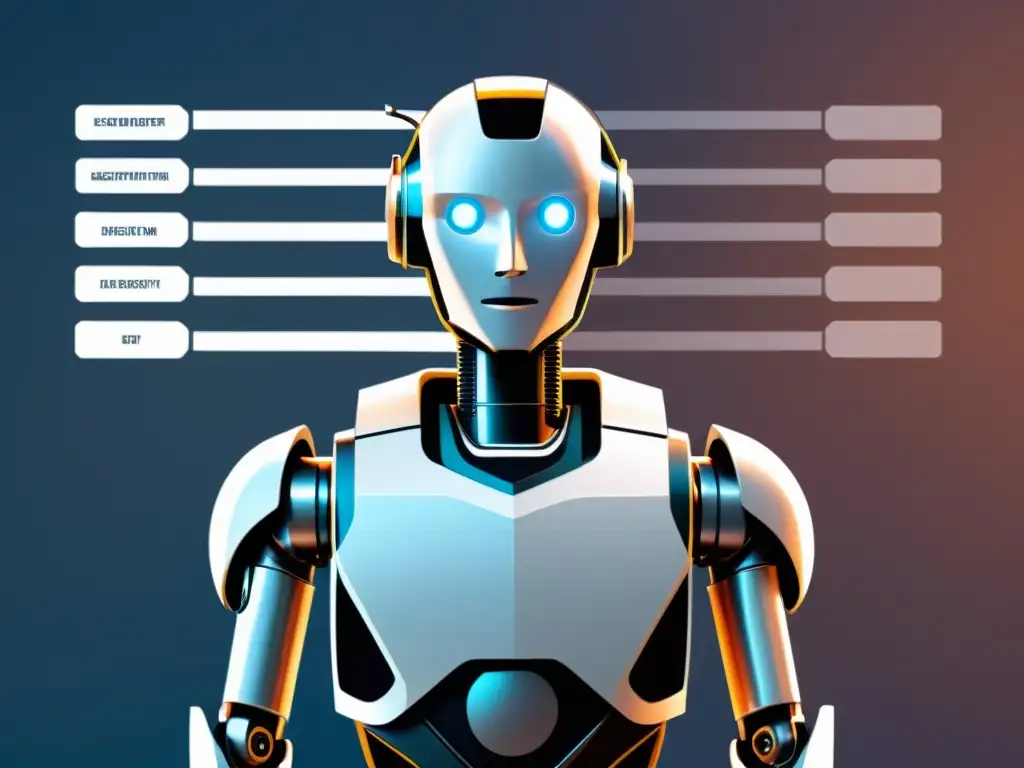 Un robot humanoide de aspecto minimalista frente a un complejo diagrama algorítmico