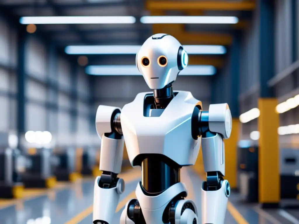 Robot humanoide en fábrica futurista Un robot humanoide elegante en una fábrica futurista, fusionando tecnología y Ética en la manufactura de robots