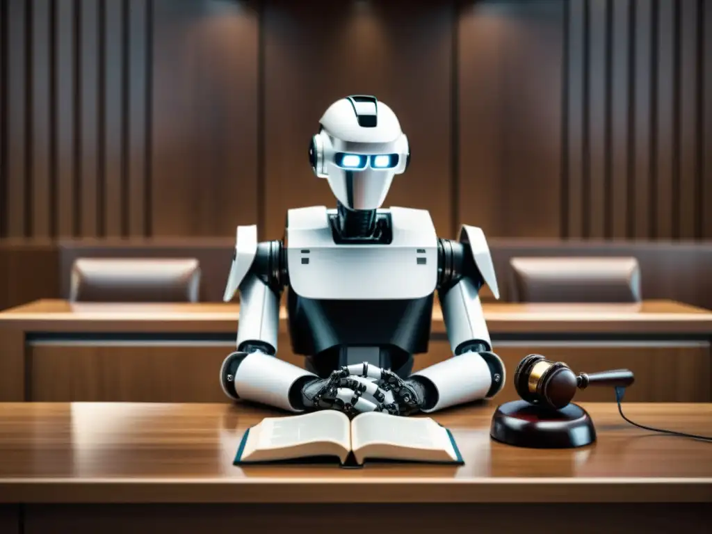 Un robot humanoide en un juicio, con la mano en la Biblia, mientras el juez contempla