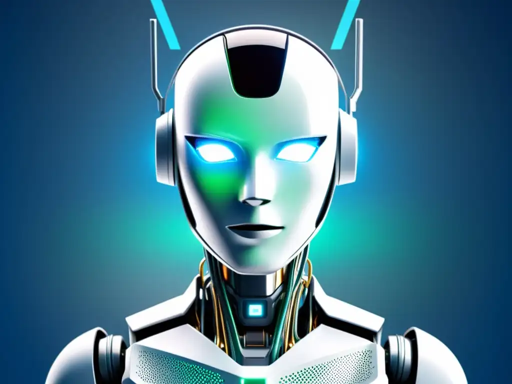 Robot futurista vigilando datos Un robot humanoide moderno con un solo ojo brillante, rodeado de datos y código binario