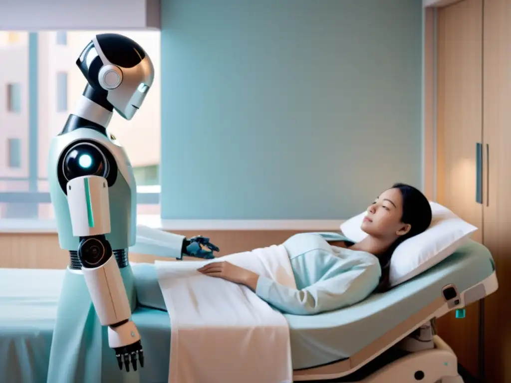 Un robot humanoide reconforta a un paciente en un hospital, transmitiendo empatía y apoyo