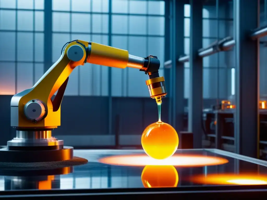 Robótica de precisión: moldeando el futuro del vidrio Un robot industrial manipula con precisión vidrio fundido en una fábrica, destacando la integración de robots en la producción de vidrio