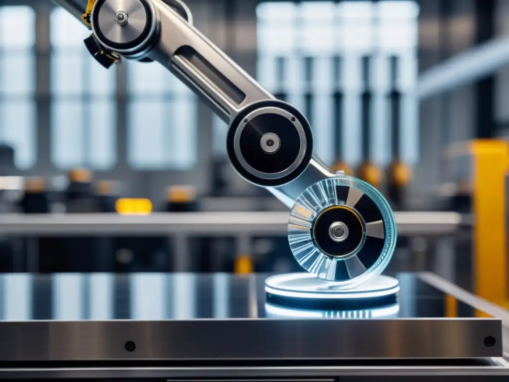 Robótica de precisión: brazo mecánico manejando vidrio Robot industrial manipulando con precisión un objeto de vidrio en una fábrica, en un entorno futurista