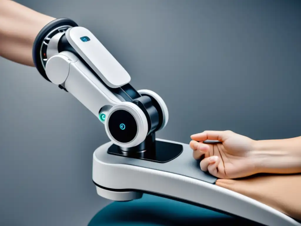 Robot de inteligencia artificial en fisioterapia guía suave movimiento de la mano del paciente, simbolizando avances tecnológicos en rehabilitación