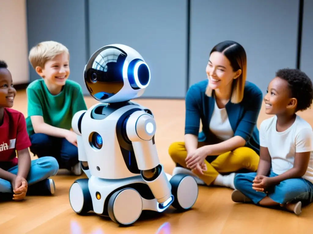 Un robot interactúa con niños de diversas habilidades en un aula inclusiva y moderna