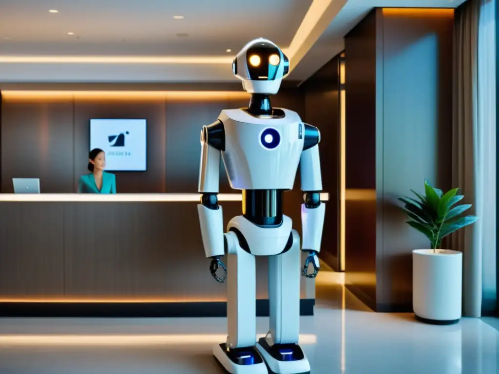 Robot concierge en un lobby de hotel moderno, creando una atmósfera acogedora con automatización en la hospitalidad