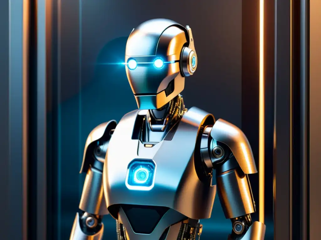Robot de alta tecnología protegiendo la privacidad digital Un robot metálico y minimalista frente a una cerradura digital, con circuitos visibles en su pecho