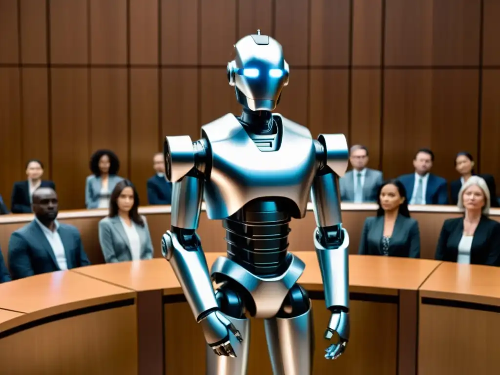 Robot metálico en sala de tribunal futurista, reflejando responsabilidad ética de los robots